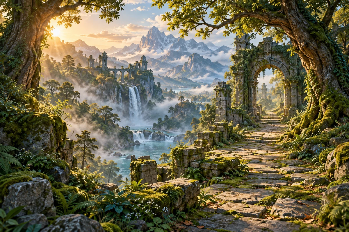 晨光穿过古老森林,石径通向遗迹拱门,远处可见山峦与瀑布的游戏场景